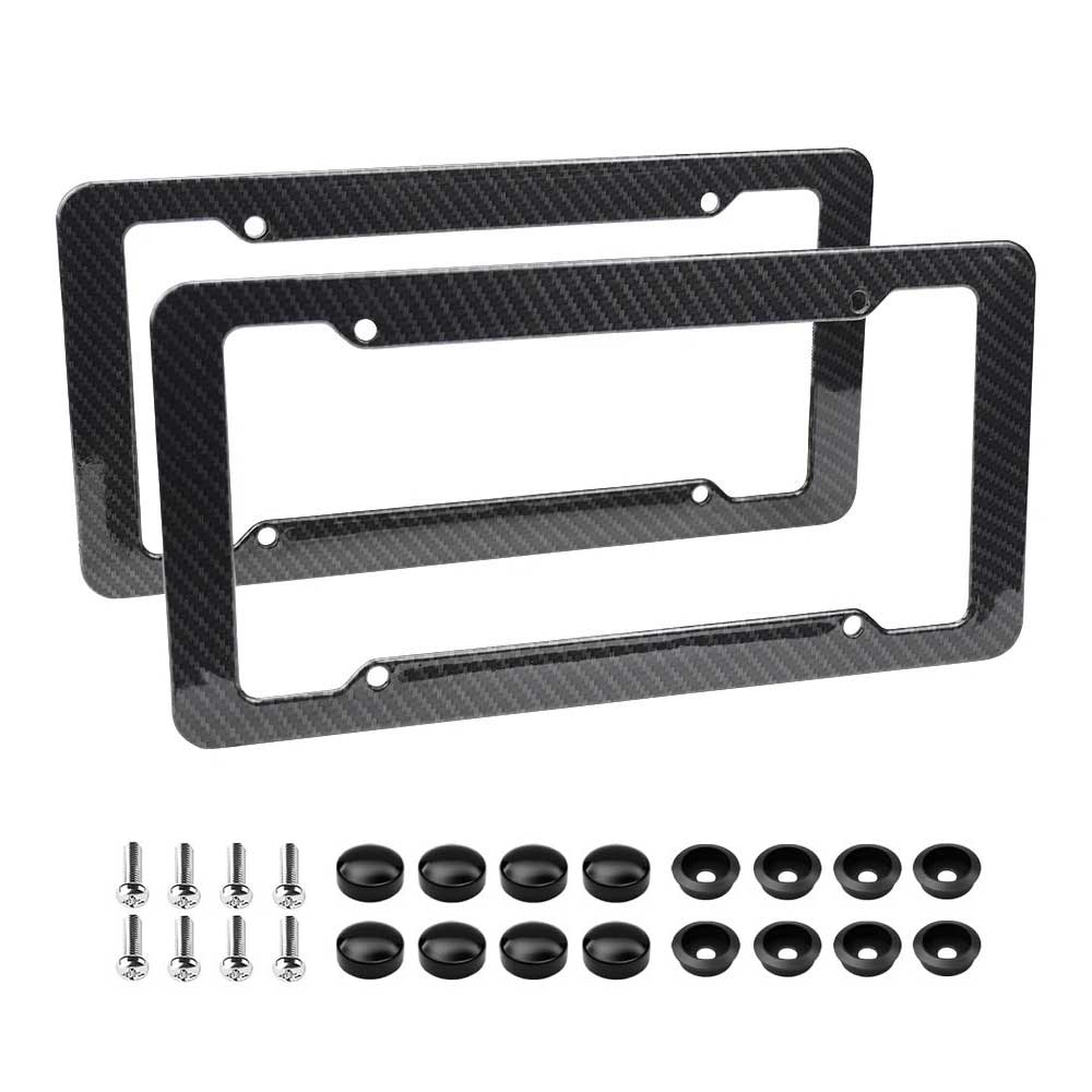 2pcs Carbon Fiber Texture License Plate Frames with Screw Caps