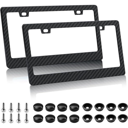 Mugen-Style Black Stainless Steel License Plate Frame – With Red Carbon Fiber Emblem – Front Mount – 12.25" X 6.25"